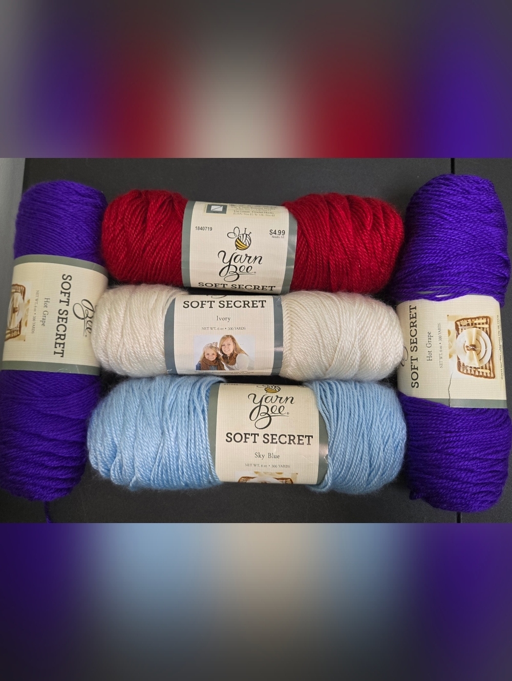Yarn Bee Soft Secret Yarn Bundle - Red, Ivory, Sky Blue, Purple